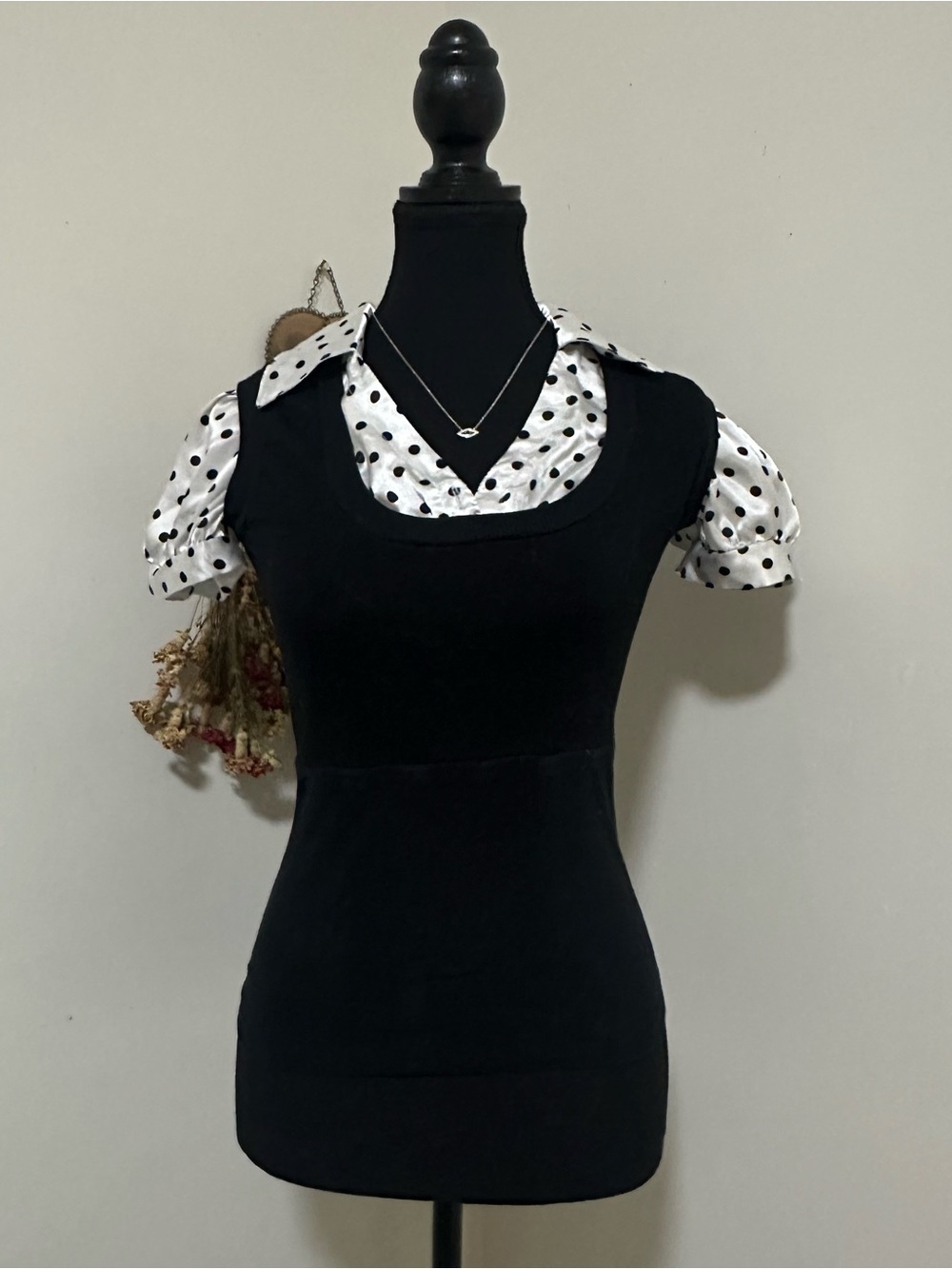 Black Layered Look Polka Dot Sleeve Women’s Top